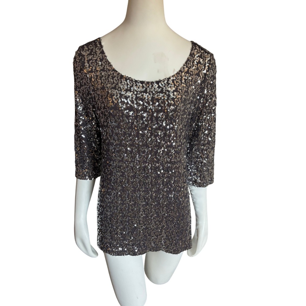 Reitmans Women Charcoal Grey Sequin Scoop Neck 3/4 Sleeve Blouse Top